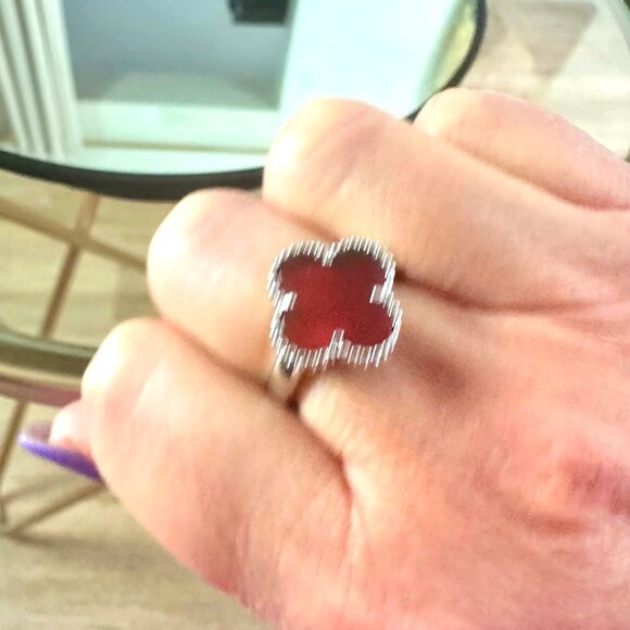 Silver 925 Clover Ring Red Handmade Silver Size 7.5  Solid - Picture 1 of 14